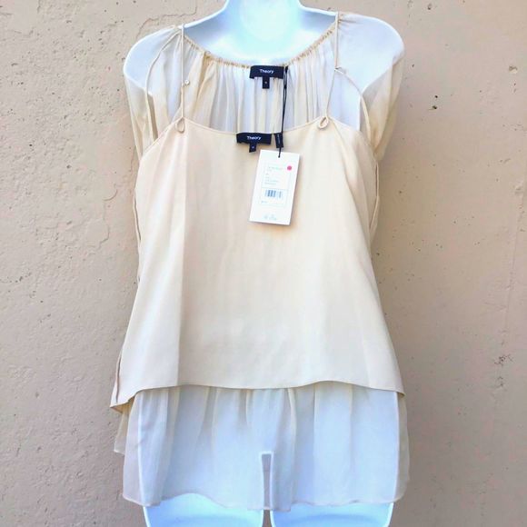 Theory Wmn Flax Tie Neck Raglan Short Sleeves Crinkled Silk Chiffon Top Sz M NWT - Picture 11 of 14